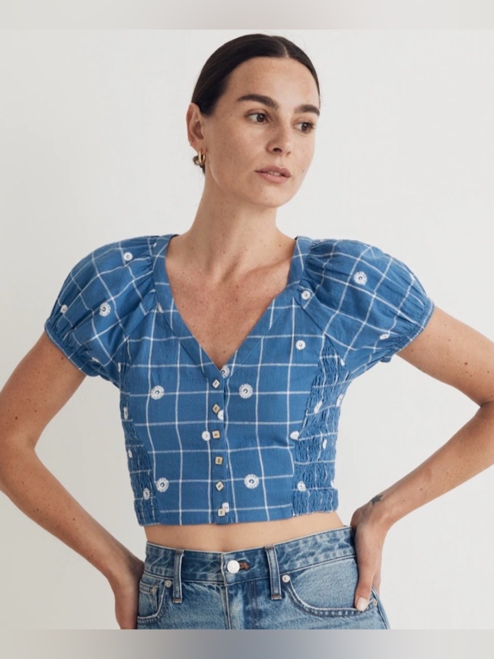 Embroidered Puff-Sleeve Crop Top in Windowpane